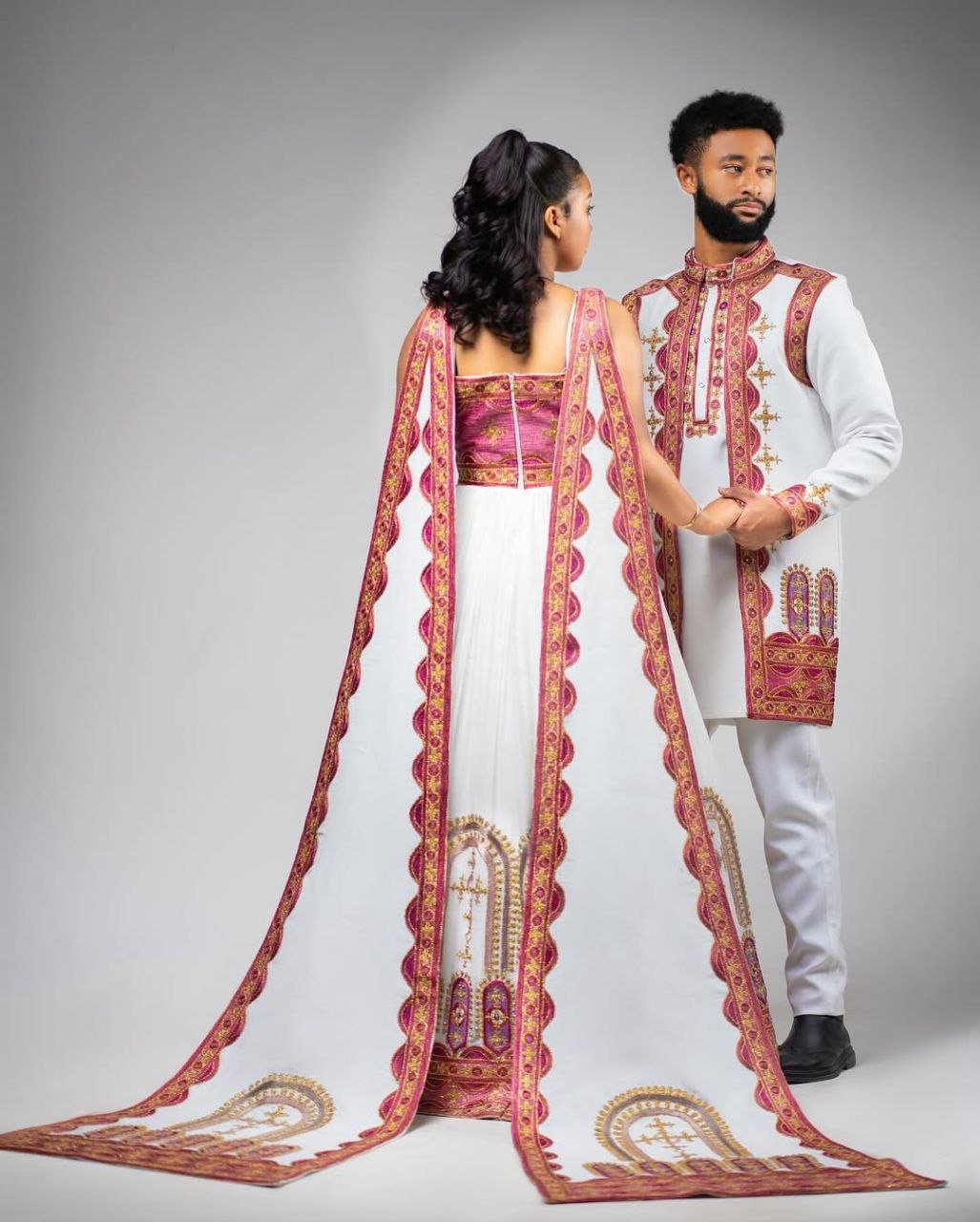 Elegant Habesha Wedding Dress with Red and Gold Embroidery: Traditional Ethiopian Clothing for Couples