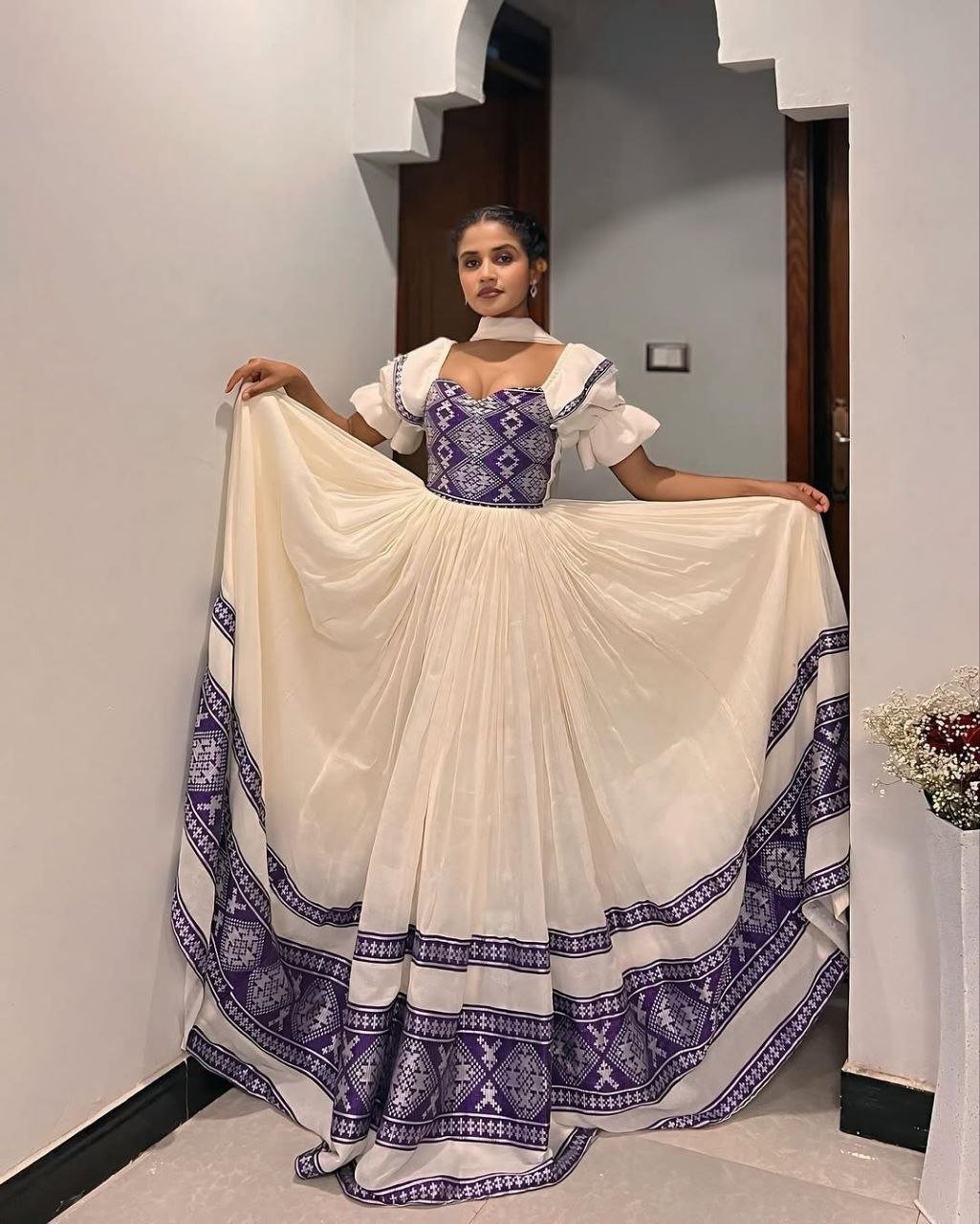 Vibrant Modern Habesha Dress with Chic Puff Sleeves: A Stylish Ethiopian Dress For Events