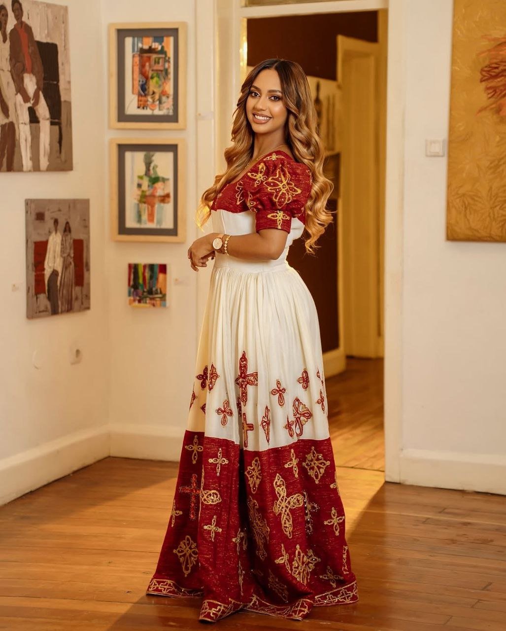 Elegant Ethiopian Habesha Dress with Red & Gold Embroidery for Celebrations