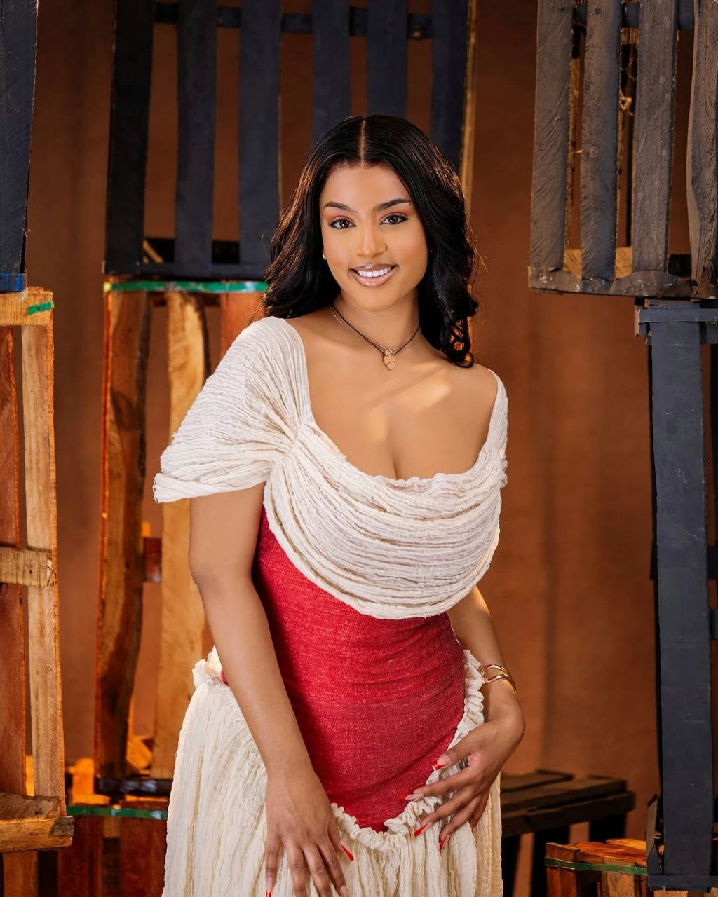 Stylish Habesha Kemis with Textured Fabric and Red V-Front for Engagements and Ceremonies