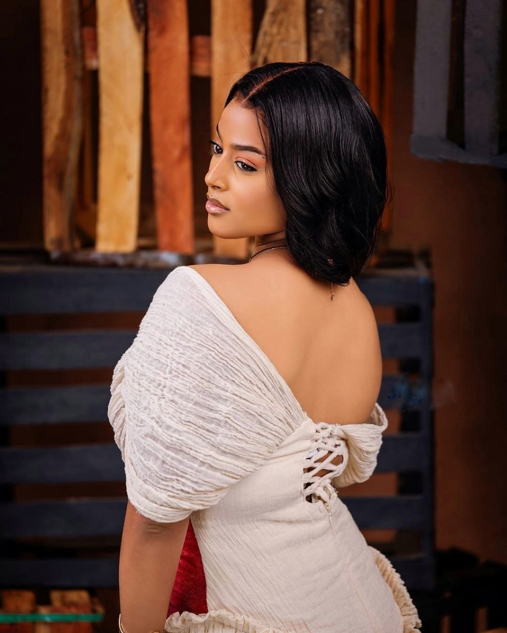 Stylish Habesha Kemis with Textured Fabric and Red V-Front for Engagements and Ceremonies