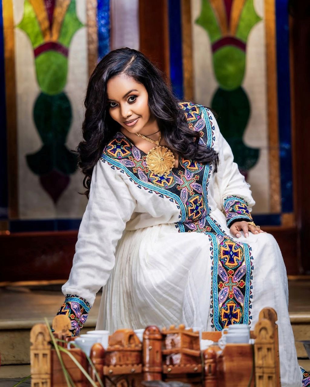Elegant Habesha Dress with Bold Blue Embroidery for Church Ceremonies and Cultural Events