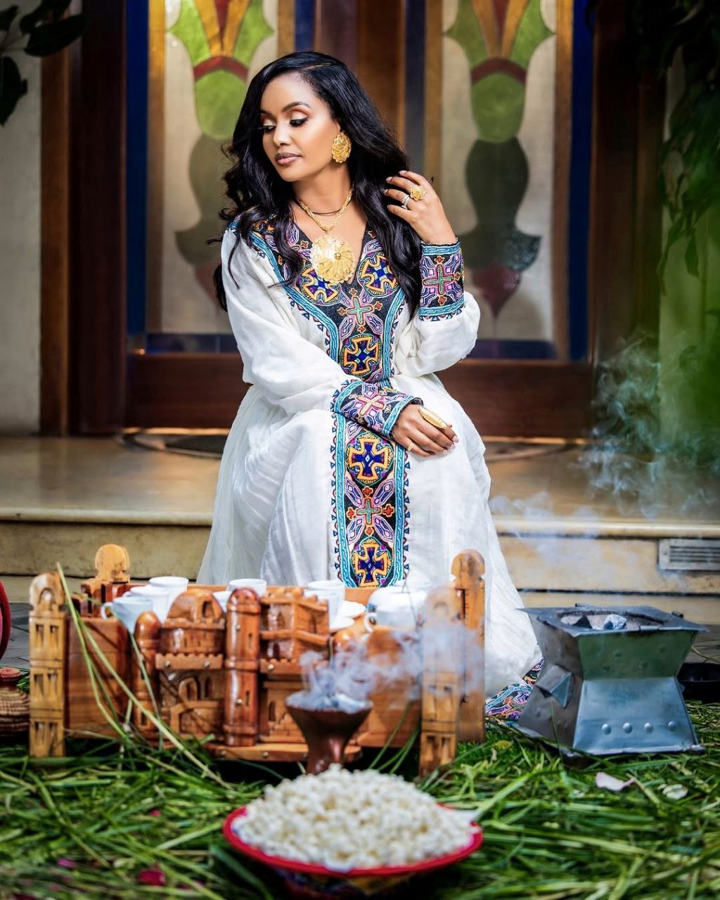Elegant Habesha Dress with Bold Blue Embroidery for Church Ceremonies and Cultural Events