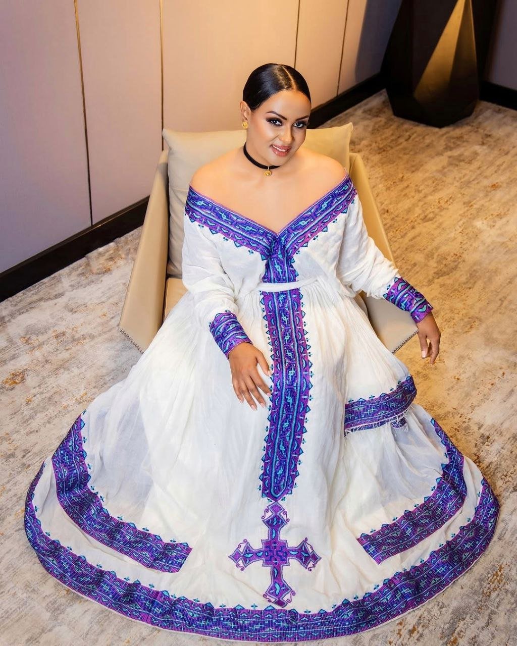 Elegant Habesha Dress with Purple and Blue Cross Embroidery for Cultural Celebrations