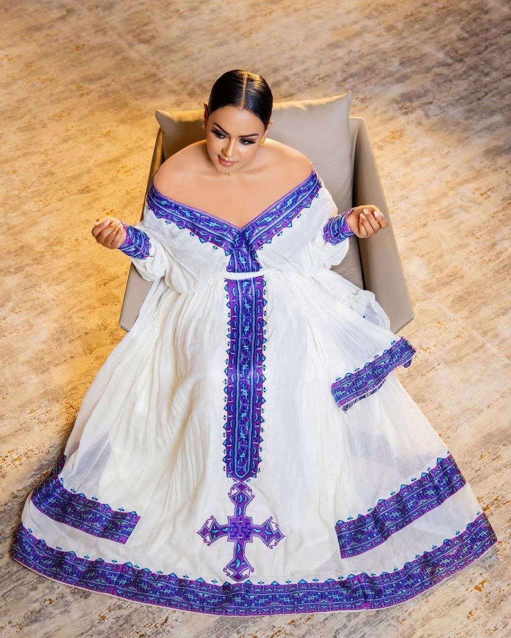 Elegant Habesha Dress with Purple and Blue Cross Embroidery for Cultural Celebrations