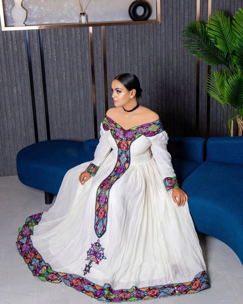 Colorful Habesha Dress with Multicolor Cross Embroidery for Special Occasions