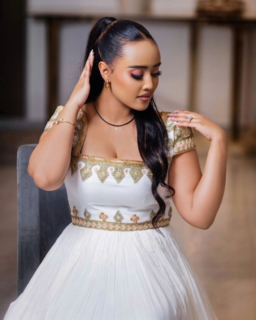 Elegant Gold Embroidered Habesha Dress for Ethiopian Weddings