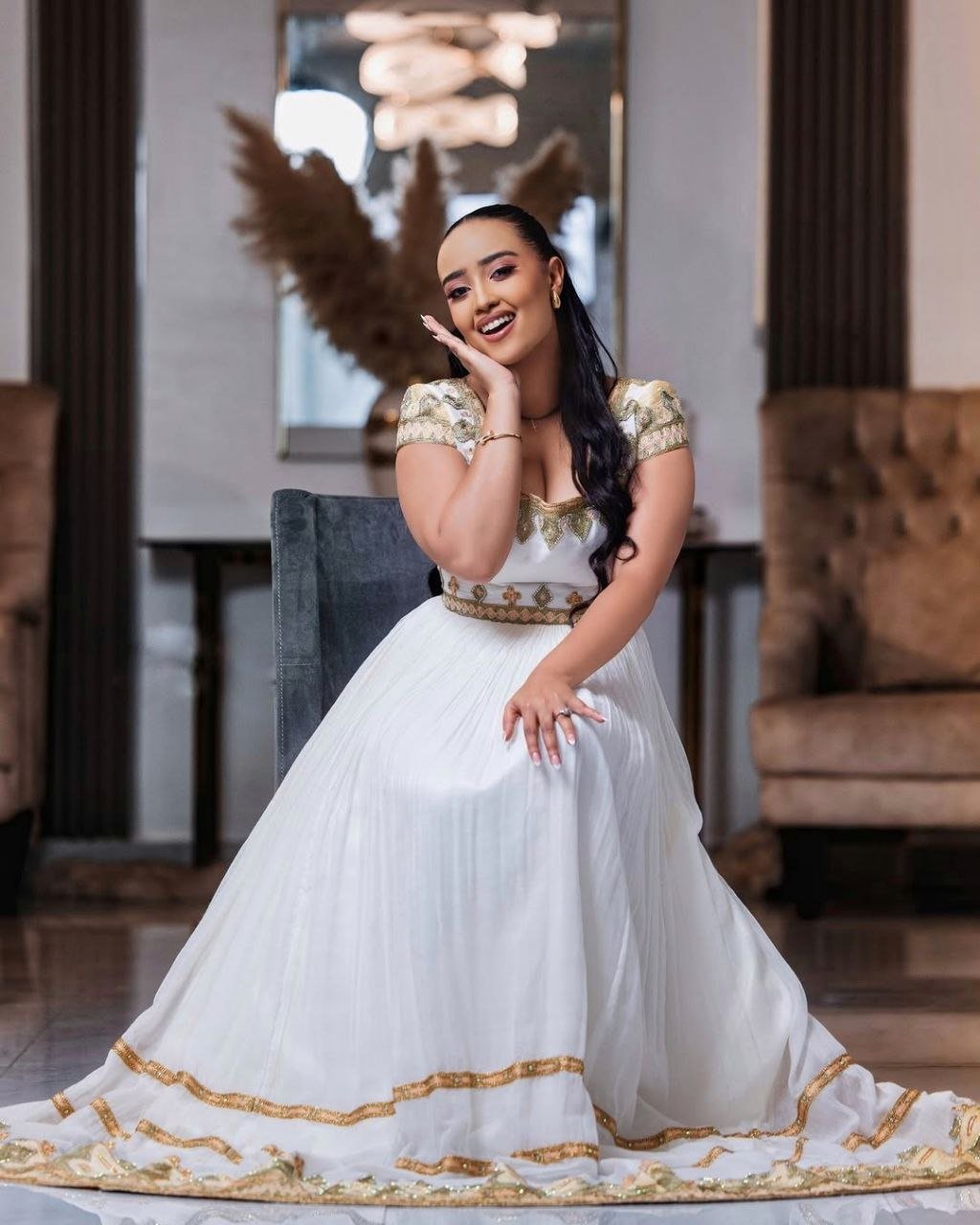 Elegant Gold Embroidered Habesha Dress for Ethiopian Weddings