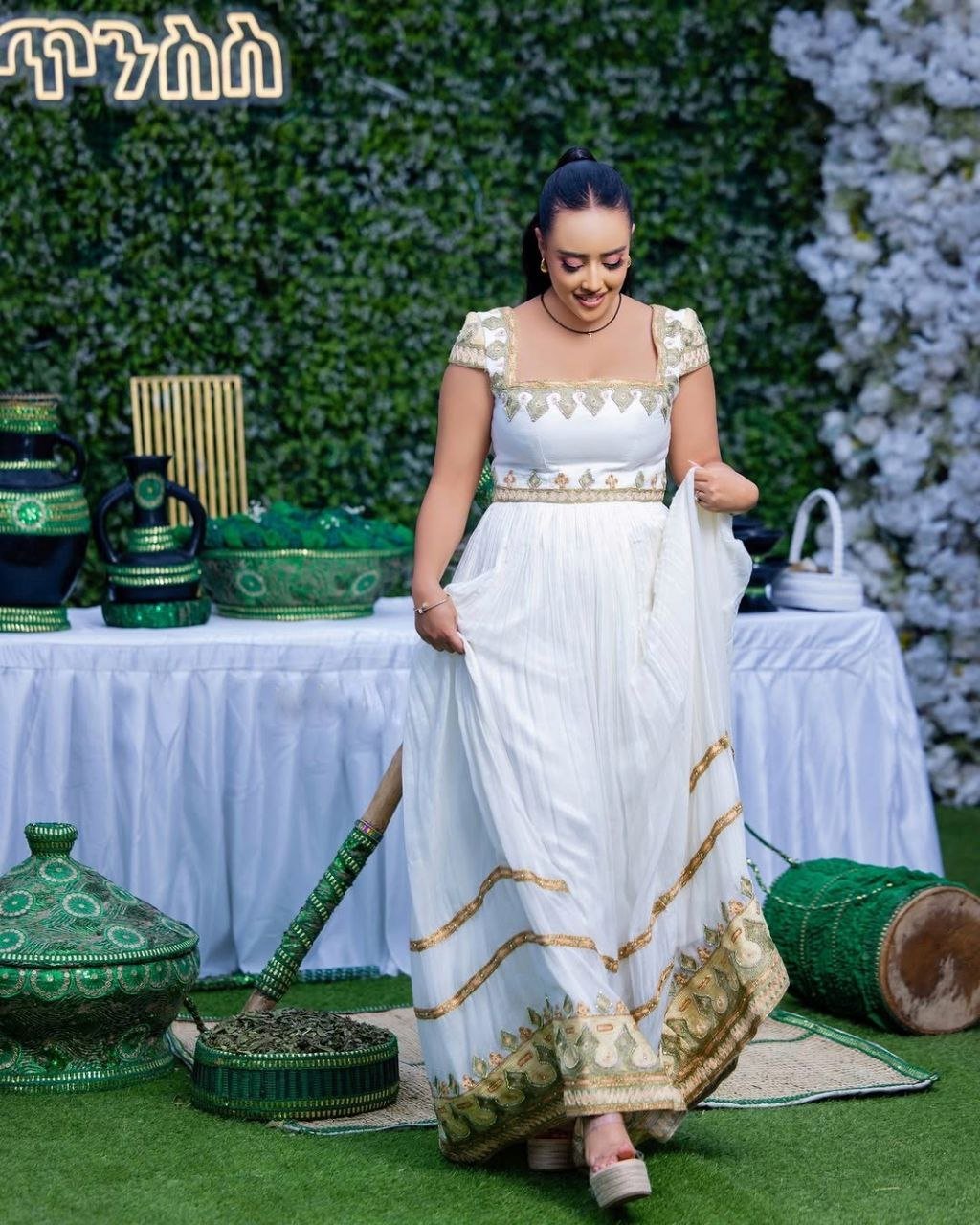 Elegant Gold Embroidered Habesha Dress for Ethiopian Weddings