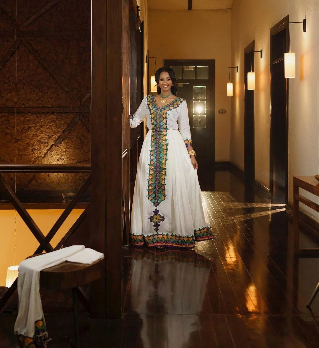 Beautiful Long Sleeve Ethiopian Dress with Colorful Embroidery for Celebrations