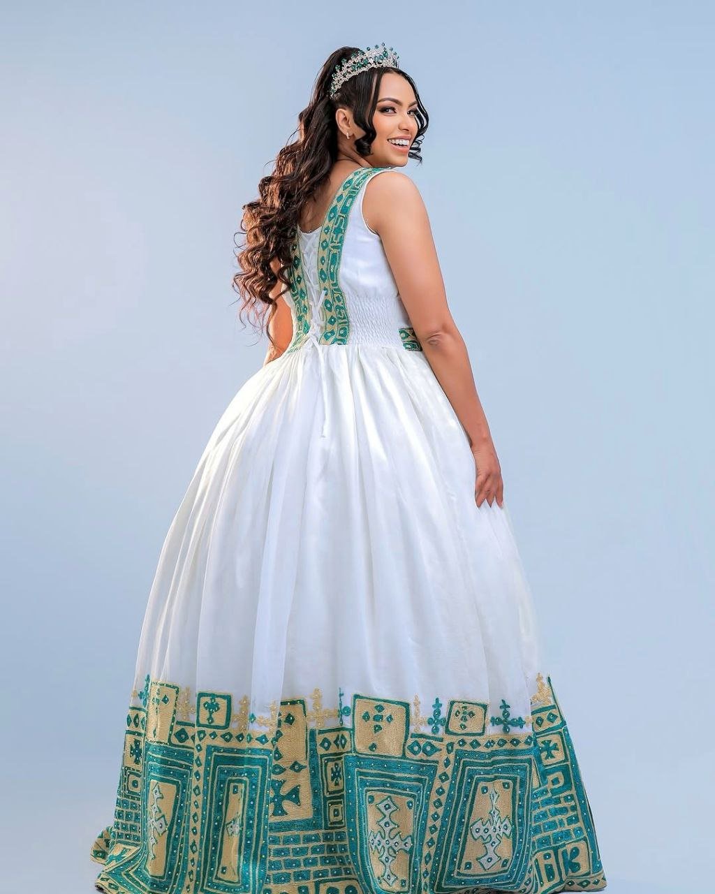 Glamorous Habesha Dress with Emerald and Gold Embroidery for Ethiopian Wedding Ceremonies