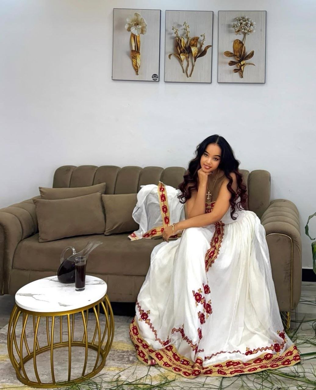 Glamorous Strapless Habesha Kemis with Red Embroidery Modern Ethiopian Dress for Elegant Events