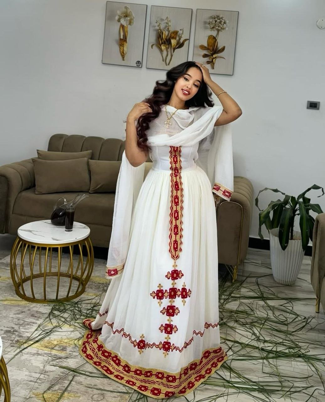 Glamorous Strapless Habesha Kemis with Red Embroidery Modern Ethiopian Dress for Elegant Events