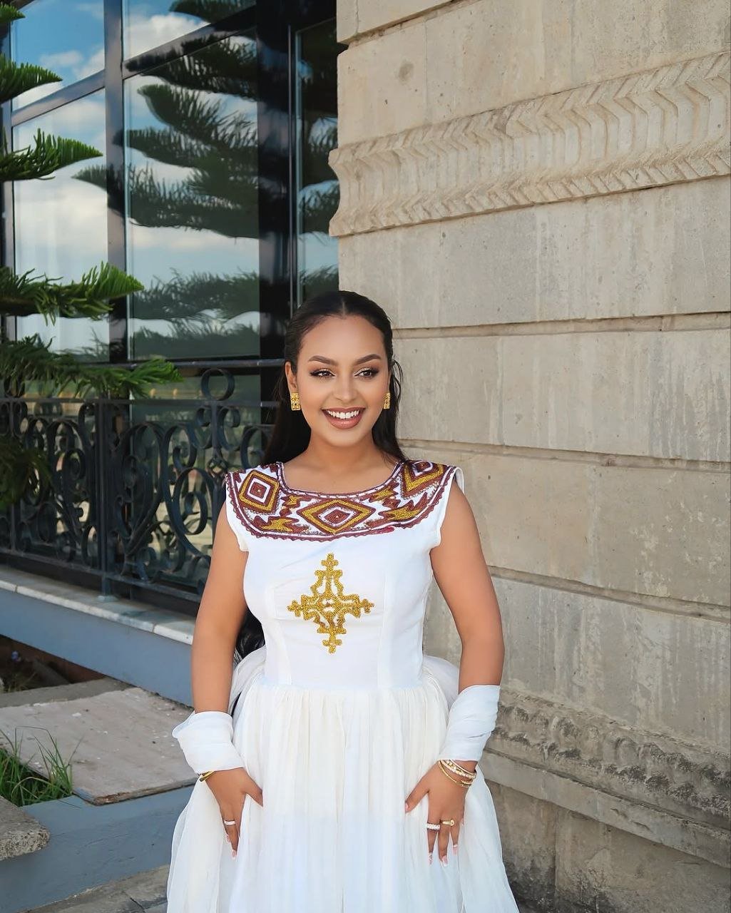 Beautiful Habesha Dress with Intricate Gold and Brown Tibeb For Cultural Event