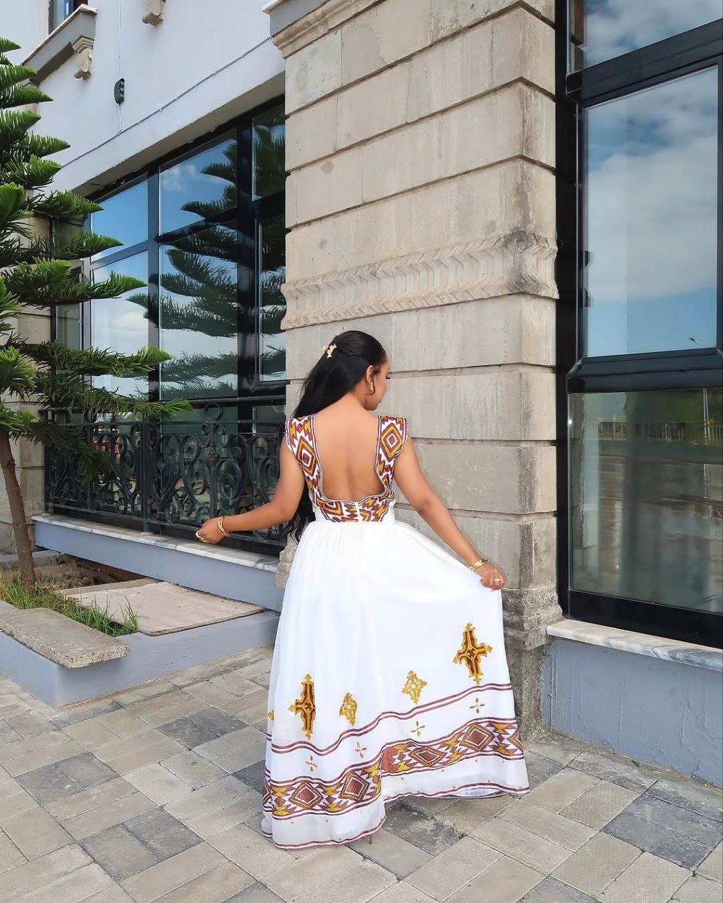 Beautiful Habesha Dress with Intricate Gold and Brown Tibeb For Cultural Event