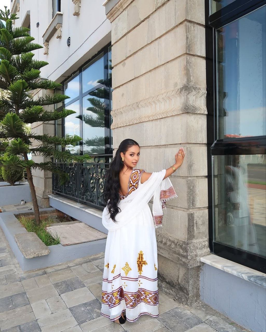 Beautiful Habesha Dress with Intricate Gold and Brown Tibeb For Cultural Event