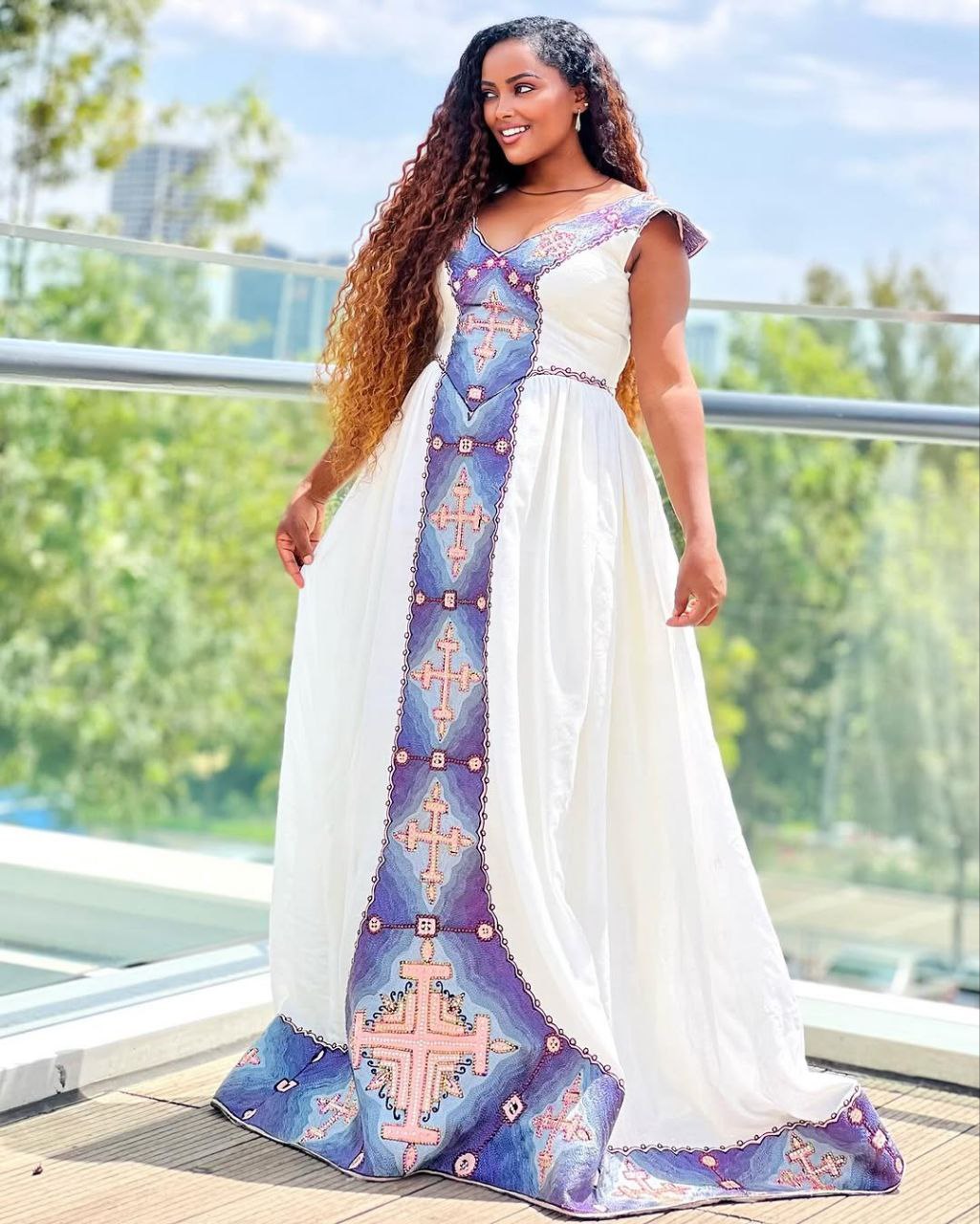 Vibrant Habesha Dress with Unique Blue Cross Design Modern Ethiopian Dress for Events