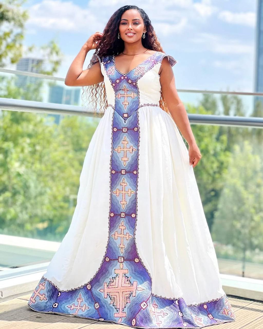 Vibrant Habesha Dress with Unique Blue Cross Design Modern Ethiopian Dress for Events