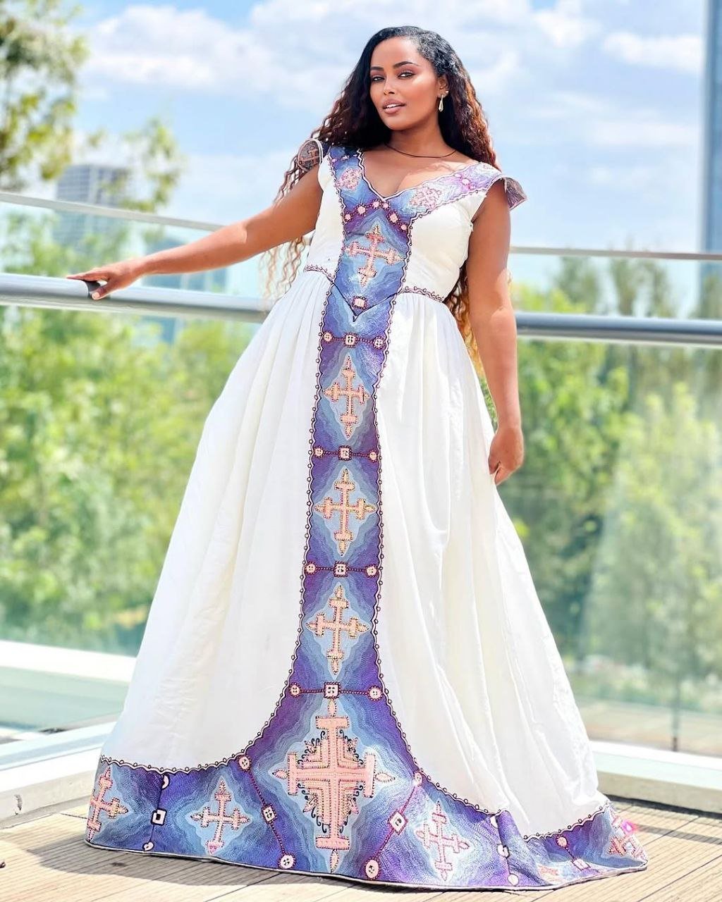 Vibrant Habesha Dress with Unique Blue Cross Design Modern Ethiopian D TheEthiopianStore Vibrant Habesha Dress with Unique Blue Cross Design Modern Ethiopian D TheEthiopianStore