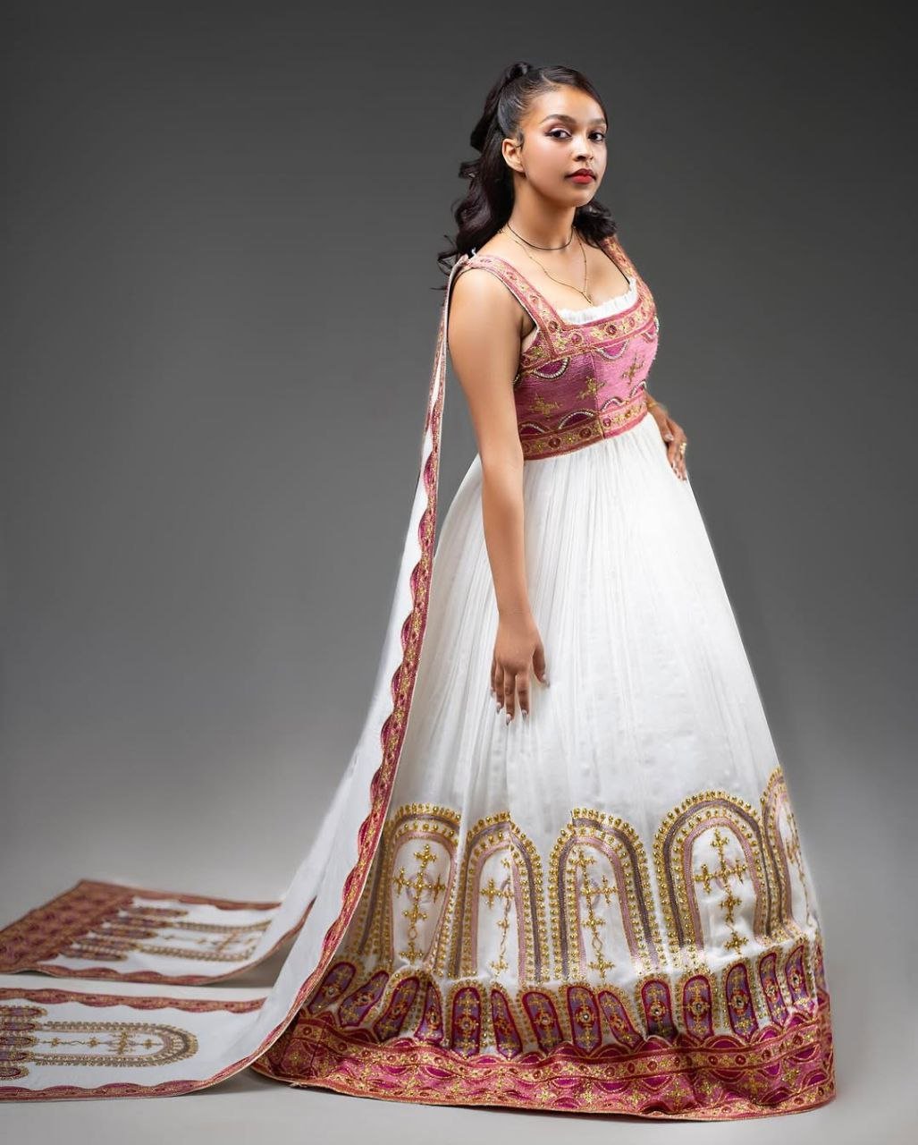 Elegant Habesha Wedding Dress with Red and Gold Embroidery: Traditional Ethiopian Clothing for Couples
