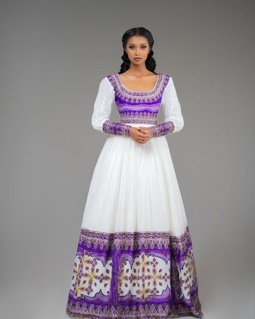 Glamorous Habesha Dress with Intricate Purple Embroidery: A Beautiful Ethiopian Wedding Dress S Glamorous Habesha Dress with Intricate Purple Embroidery: A Beautiful Ethiopian Wedding Dress S