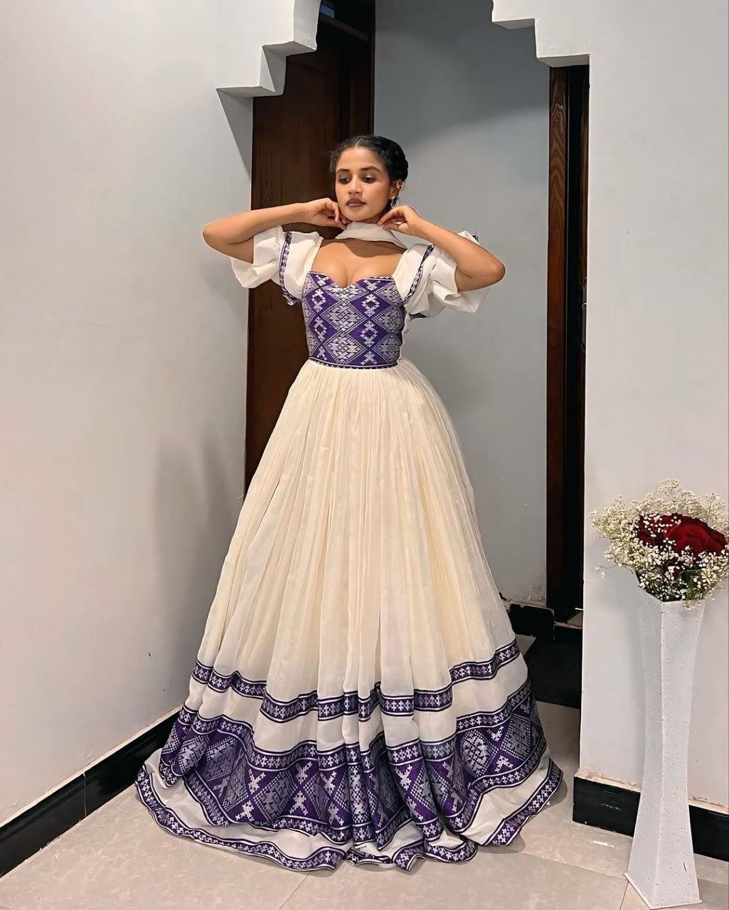 Vibrant Modern Habesha Dress with Chic Puff Sleeves: A Stylish Ethiopian Dress For Events