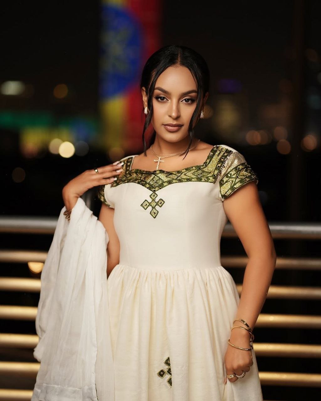 Elegant Ivory Habesha Dress with Olive Green and Gold Accents: A Graceful Ethiopian Dress