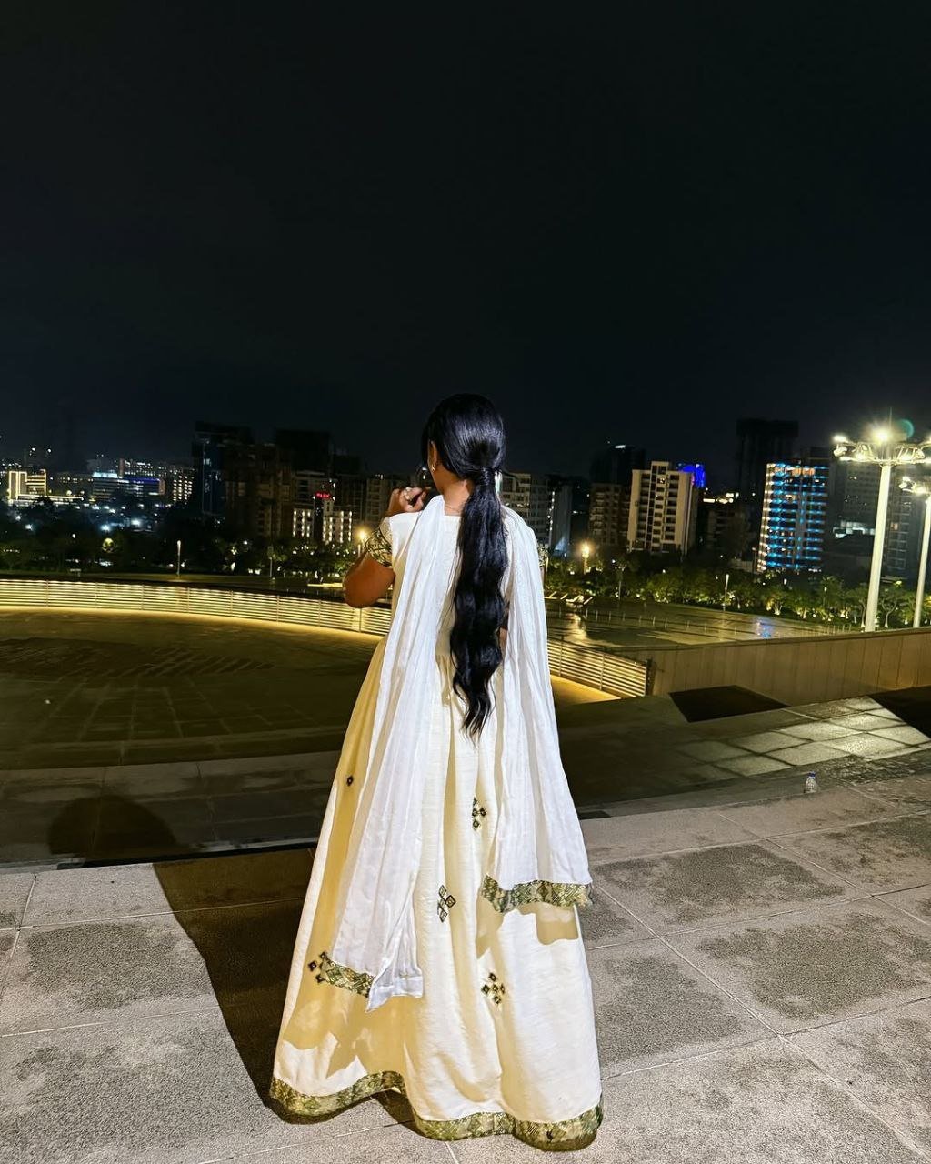 Elegant Ivory Habesha Dress with Olive Green and Gold Accents: A Graceful Ethiopian Dress