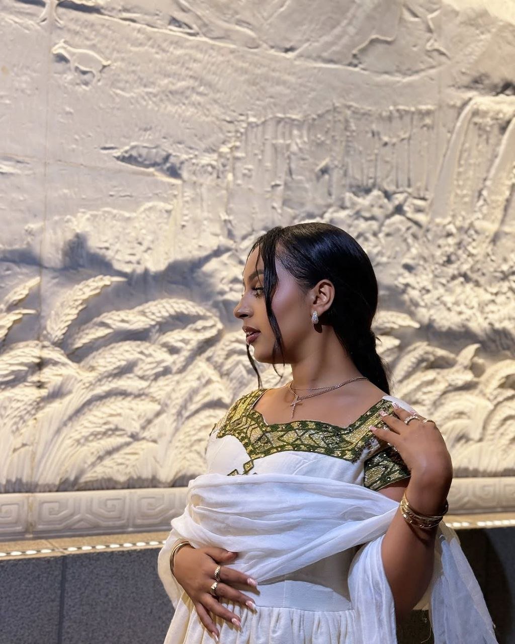Elegant Ivory Habesha Dress with Olive Green and Gold Accents: A Graceful Ethiopian Dress
