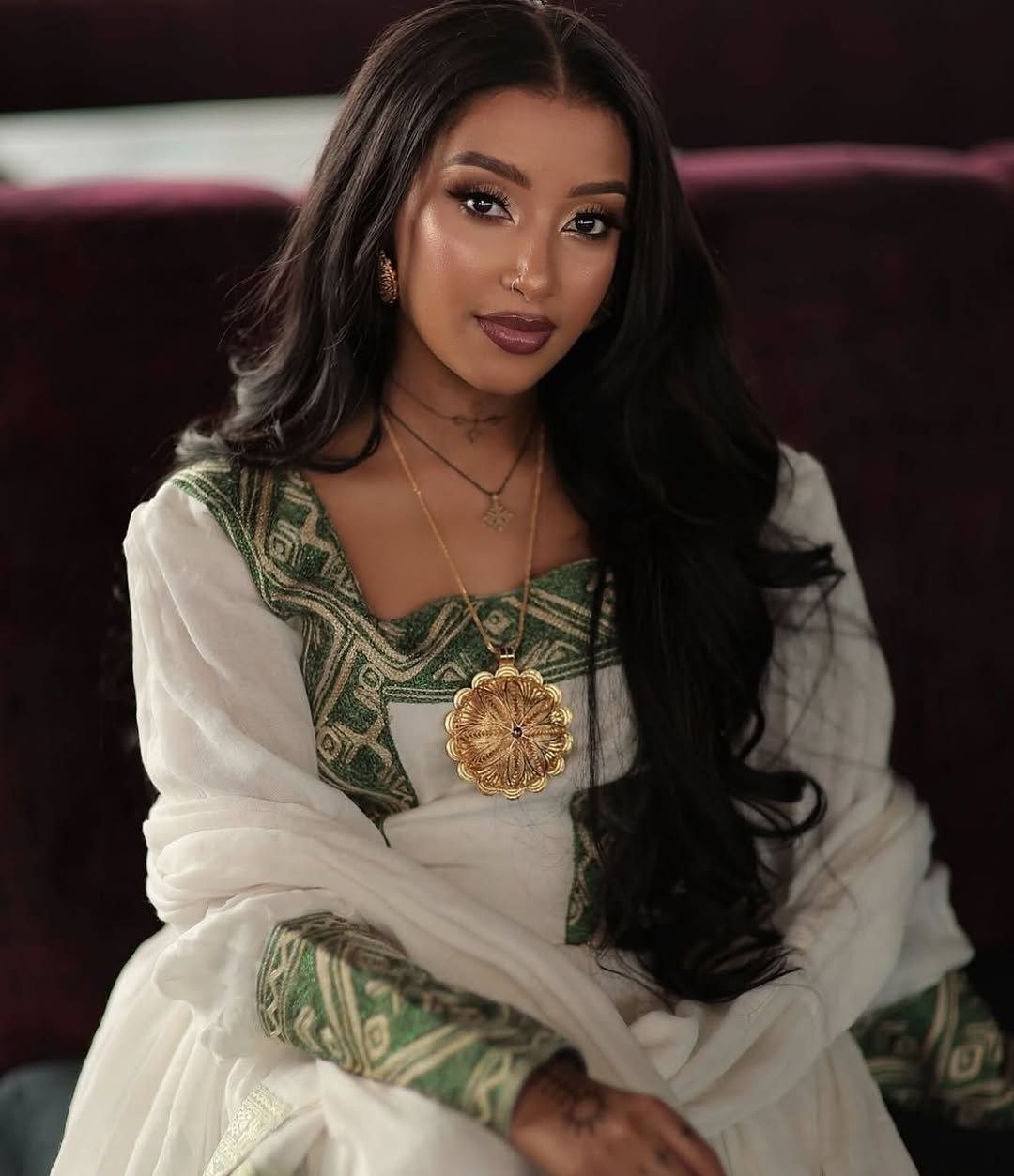 Elegant Traditional Ethiopian Dress with Rich Green Embroidery for Special Occasions