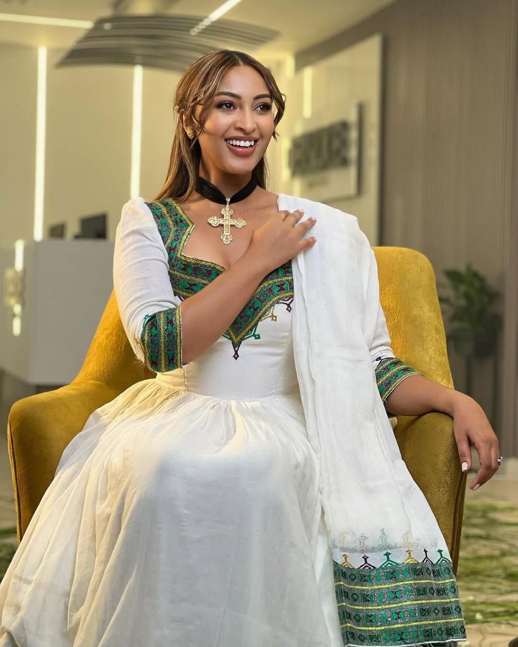 Elegant Traditional Ethiopian Dress with Vibrant Green Embroidery for Special Occasions