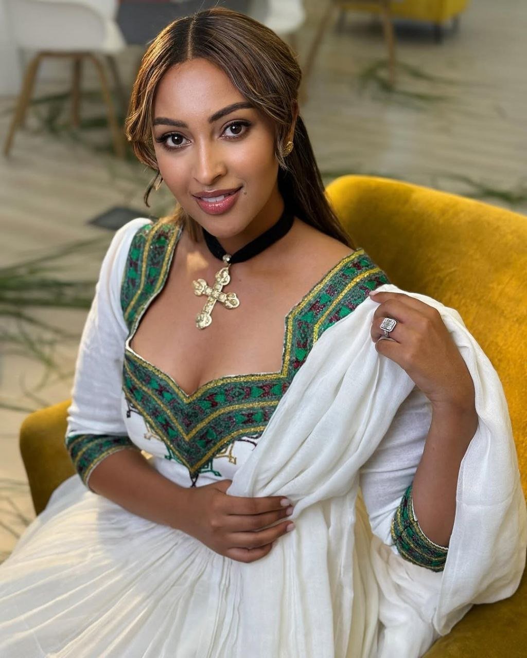 Elegant Traditional Ethiopian Dress with Vibrant Green Embroidery for Special Occasions