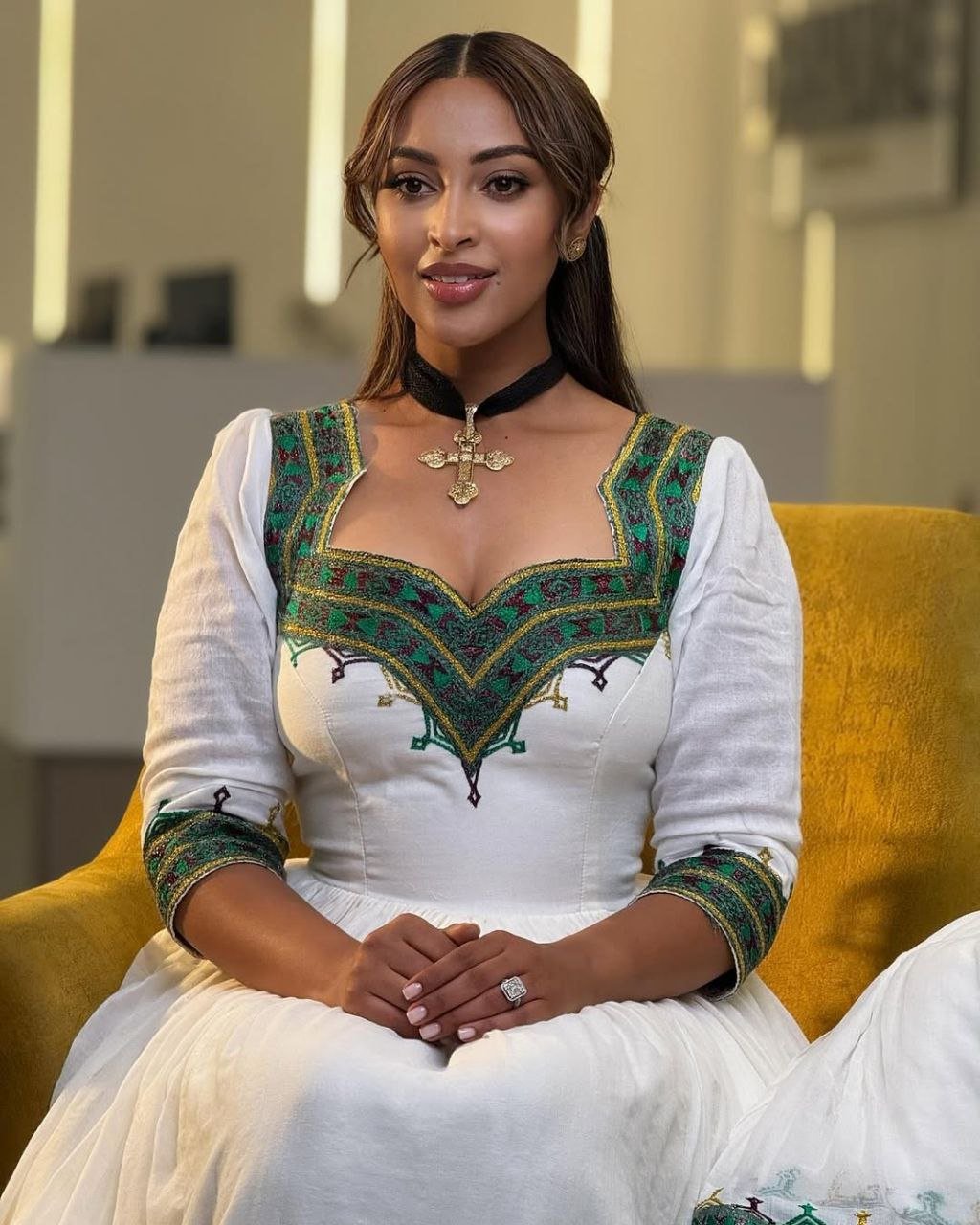 Elegant Traditional Ethiopian Dress with Vibrant Green Embroidery for Special Occasions