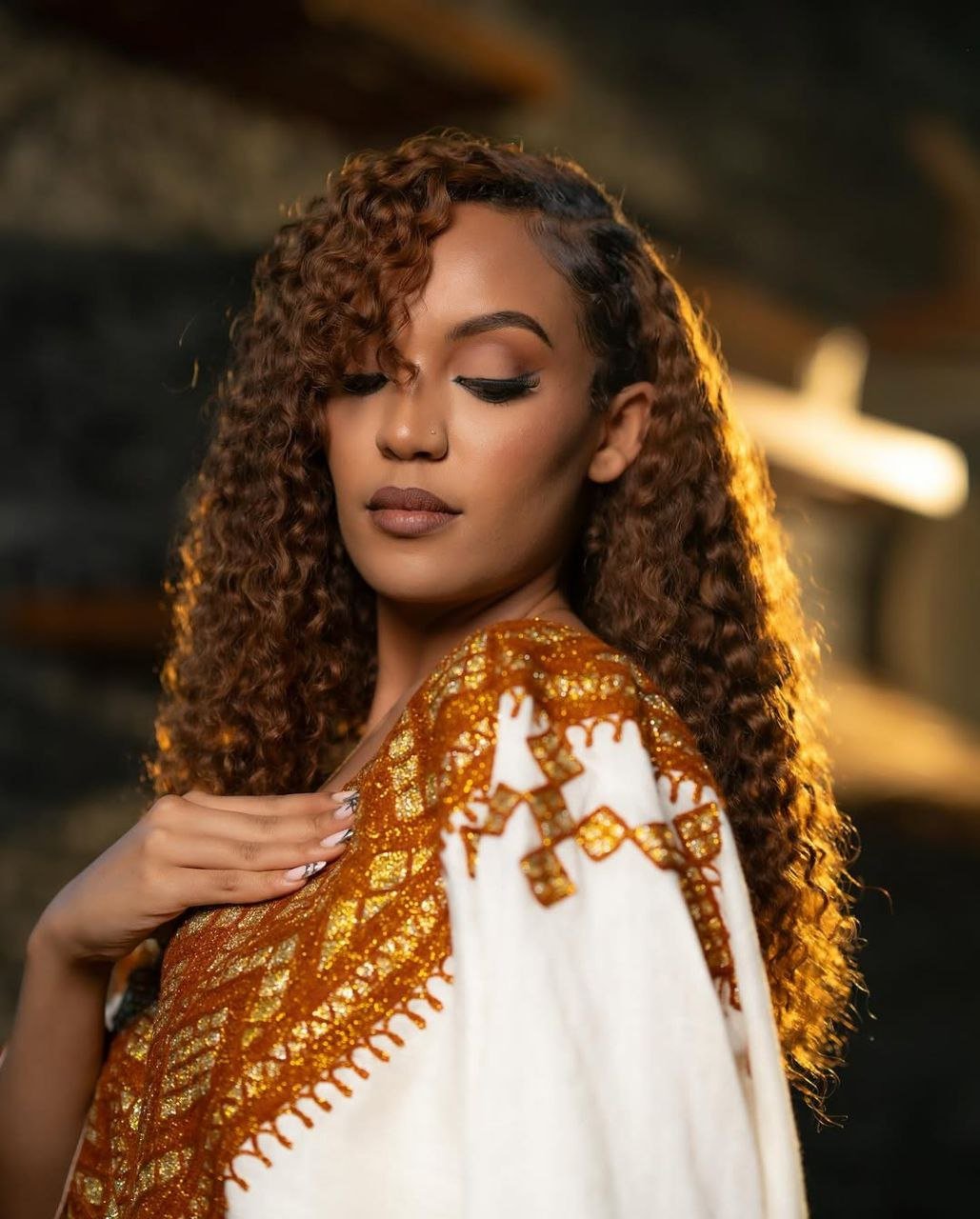 Elegant Traditional Ethiopian Dress with Rich Brown Cross Embroidery For Ceremonies