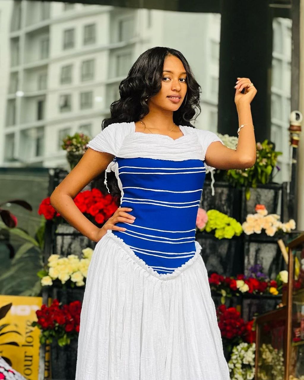 Simple Modern Habesha Dress with Bold Blue Bodice for Everyday Elegance and Cultural Gatherings