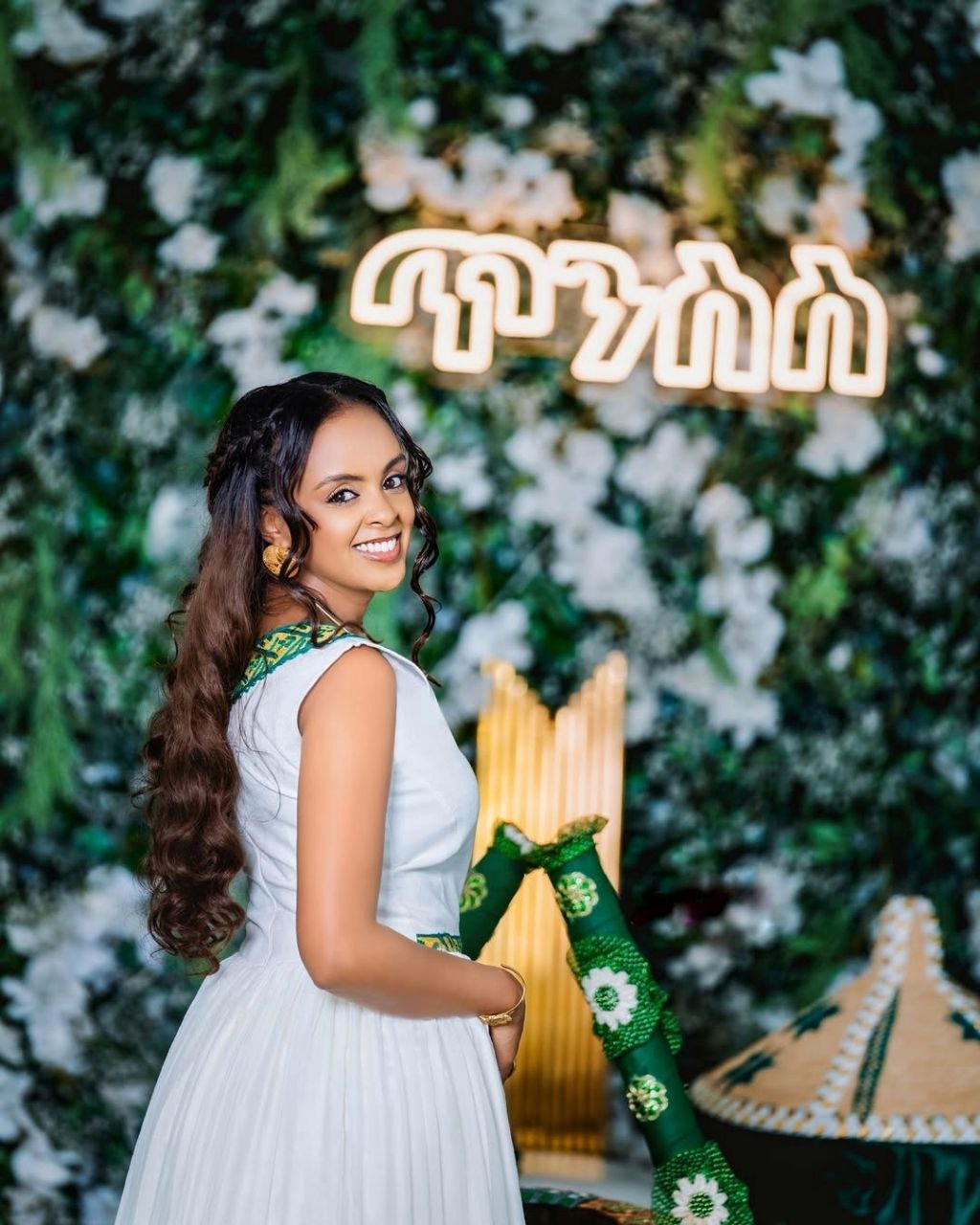 Elegant Habesha Wedding Dress with Stunning Green Embroidery For Celebration