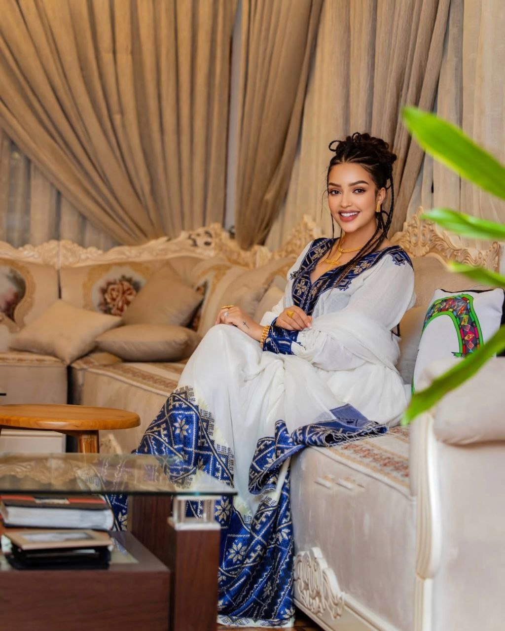 Elegant Habesha Dress with Rich Blue Embroidery for Cultural Events