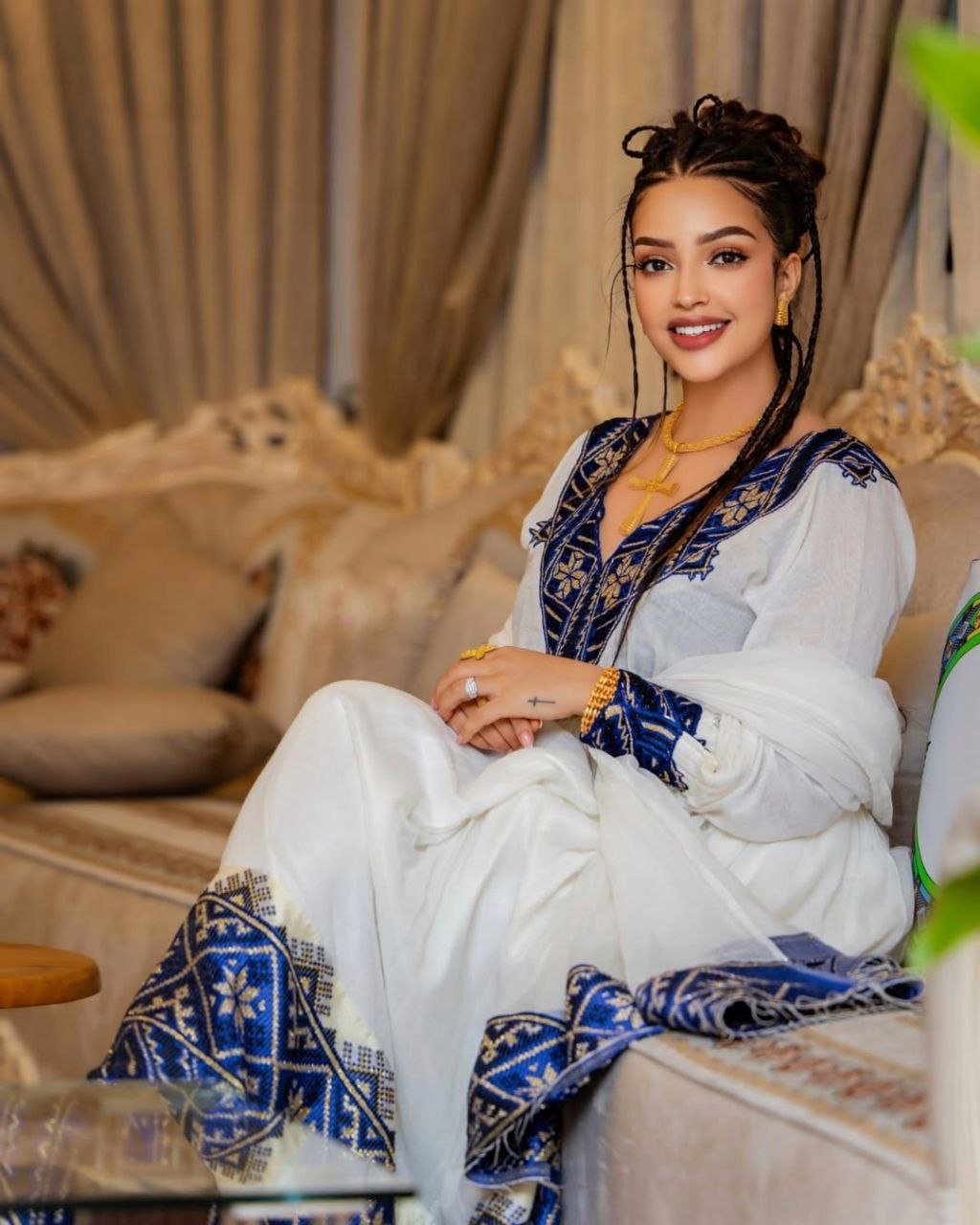Elegant Habesha Dress with Rich Blue Embroidery for Cultural Events