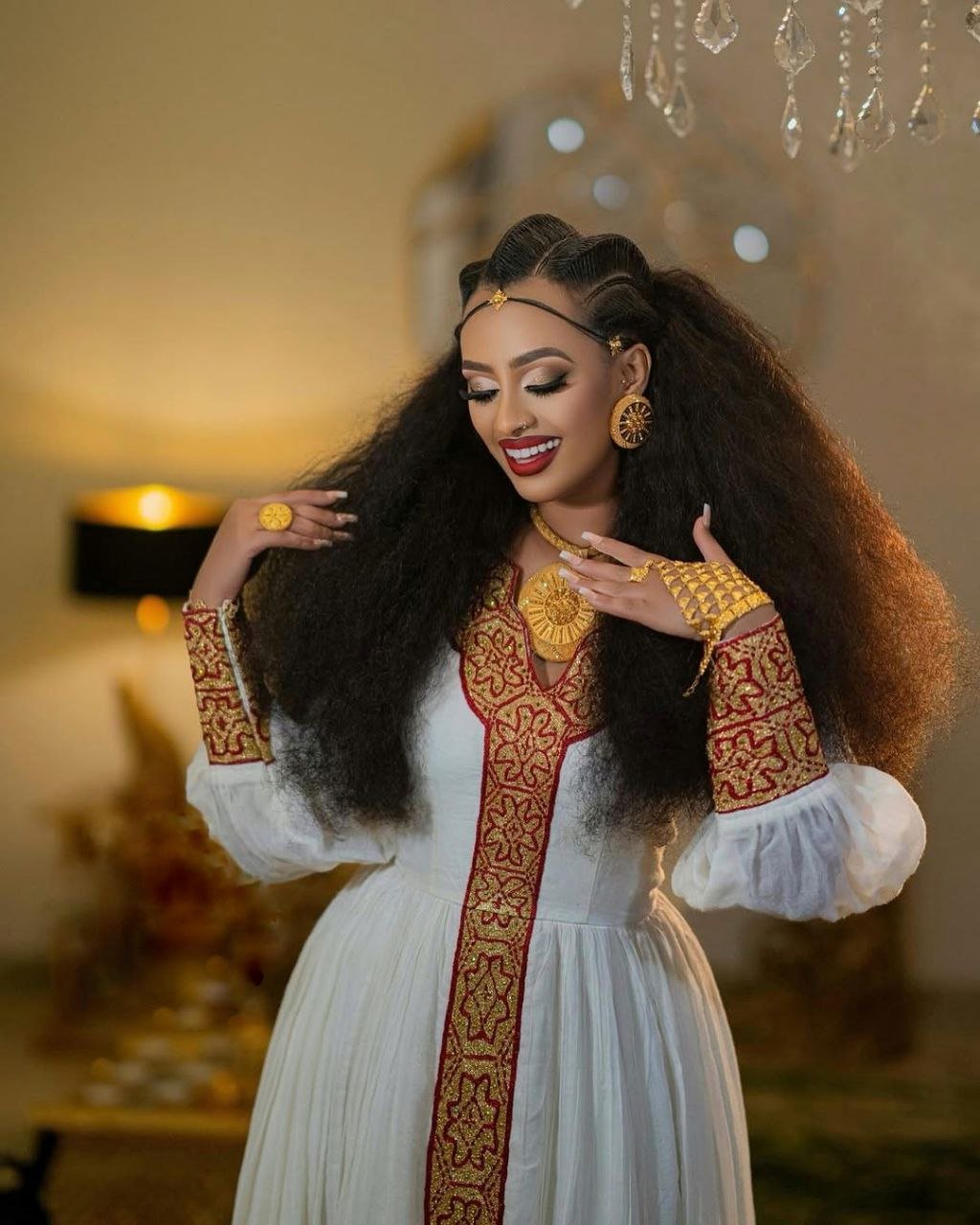 Elegant Habesha Dress with Rich Red Embroidery for Events and Celebrations