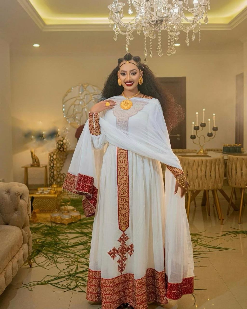 Elegant Habesha Dress with Rich Red Embroidery for Events and Celebrations