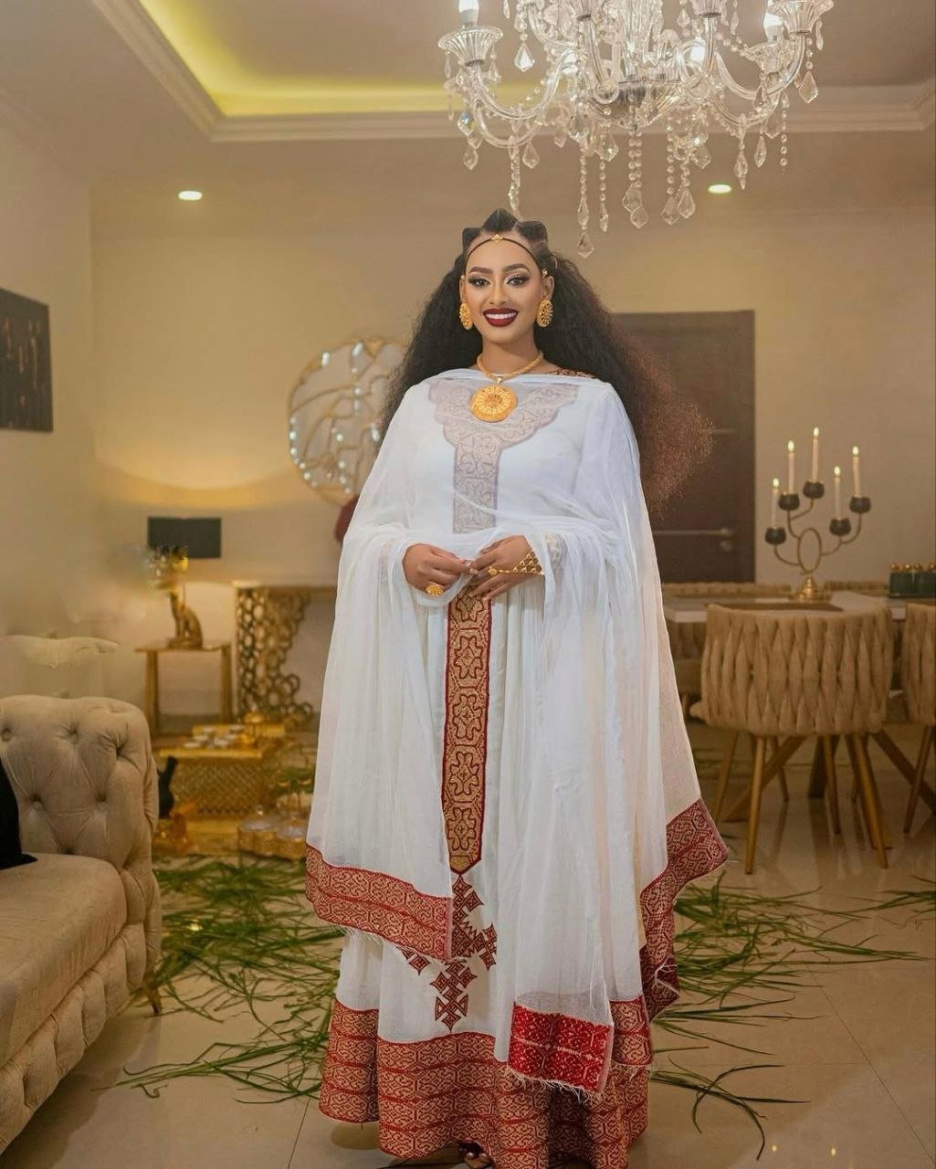 Elegant Habesha Dress with Rich Red Embroidery for Events and Celebrations