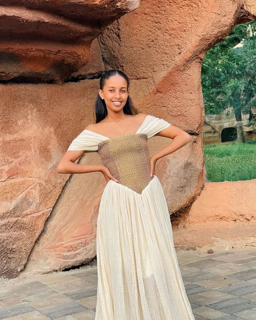 Elegant Habesha Dress with Brown Diamond Bodice for Event and Celebrations