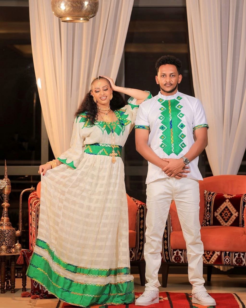 Beautiful Habesha Couple’s Outfit with Elegant Green Embroidery a Perfect Choice for Celebrations