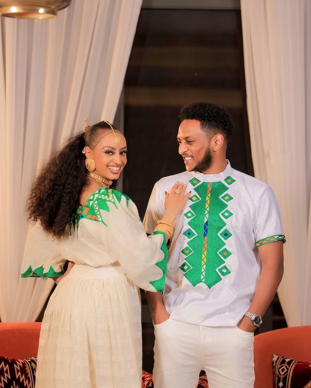 Beautiful Habesha Couple’s Outfit with Elegant Green Embroidery a Perfect Choice for Celebrations