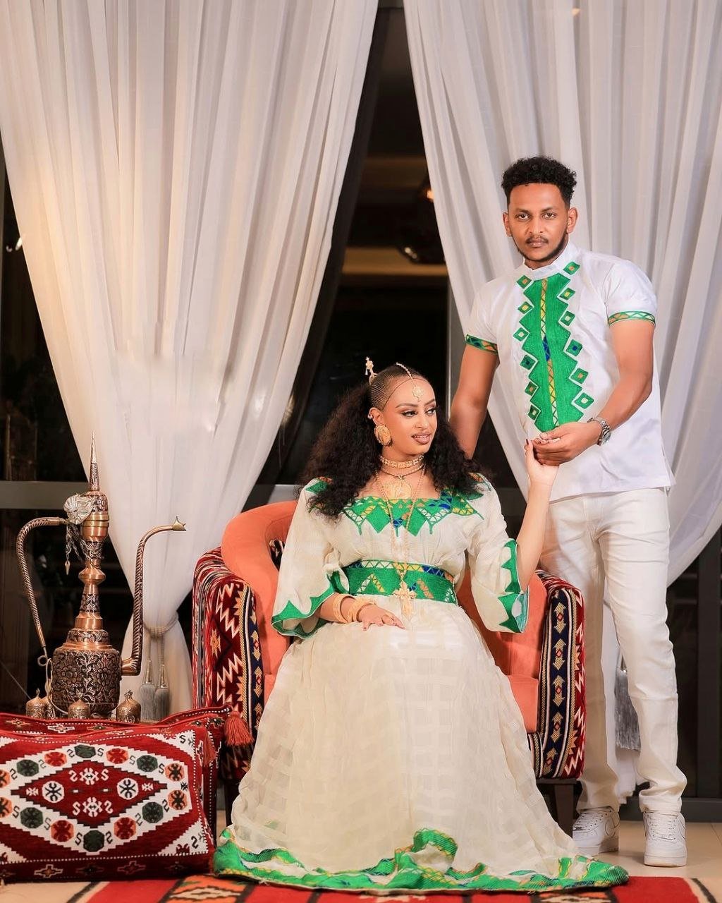 Beautiful Habesha Couple’s Outfit with Elegant Green Embroidery a Perfect Choice for Celebrations