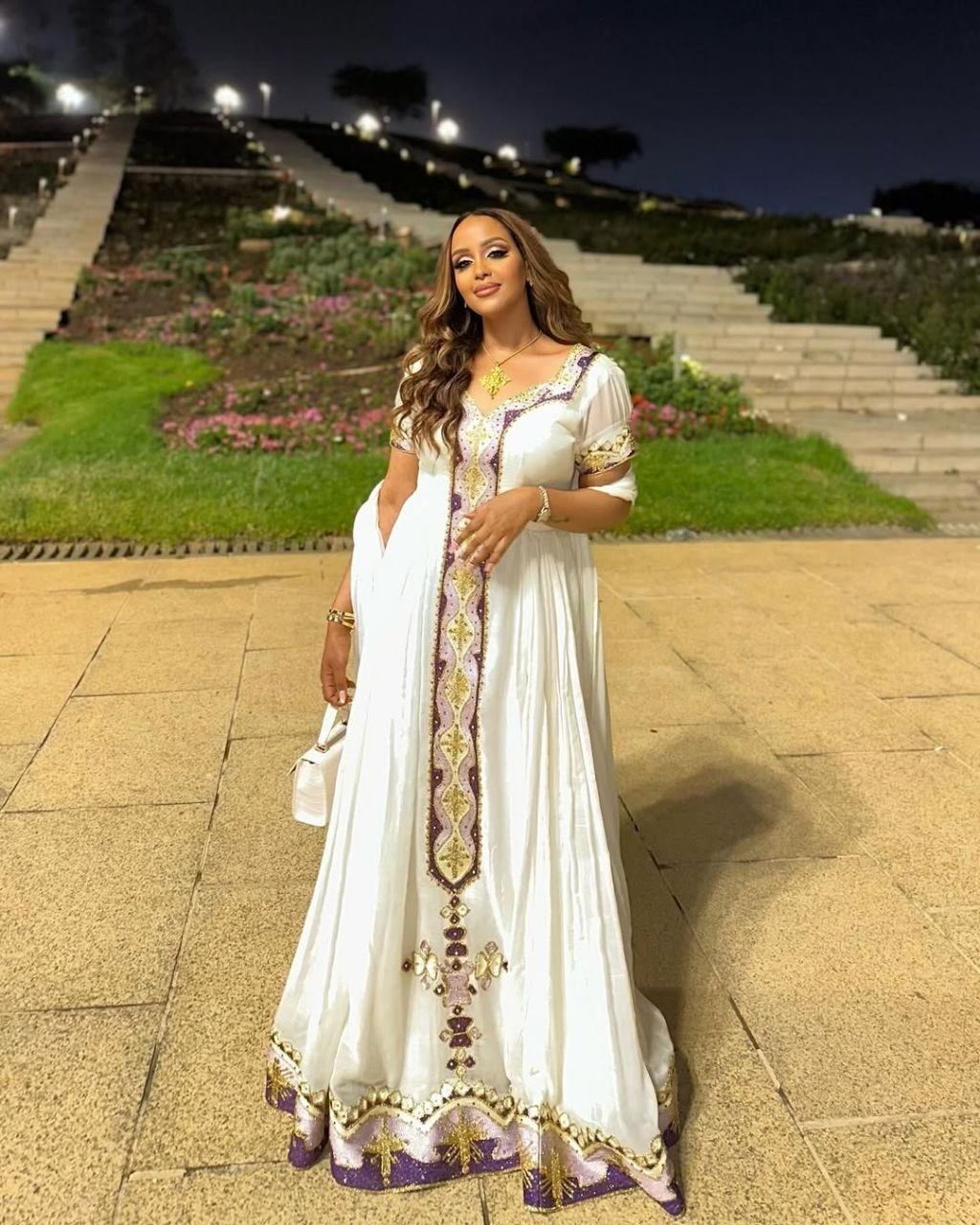 Gorgeous Habesha Kemis with Purple and Gold Embroidery Traditional Ethiopian Dress for Special Celebrations