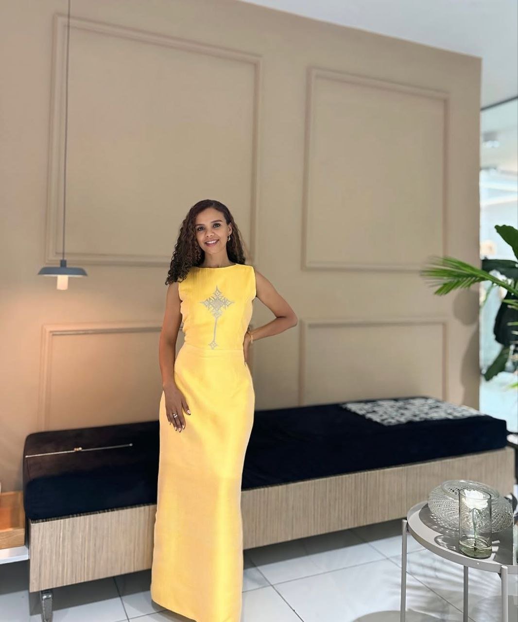 Elegant Yellow Simple Habesha Dress with Subtle Traditional Cross Design For an Event