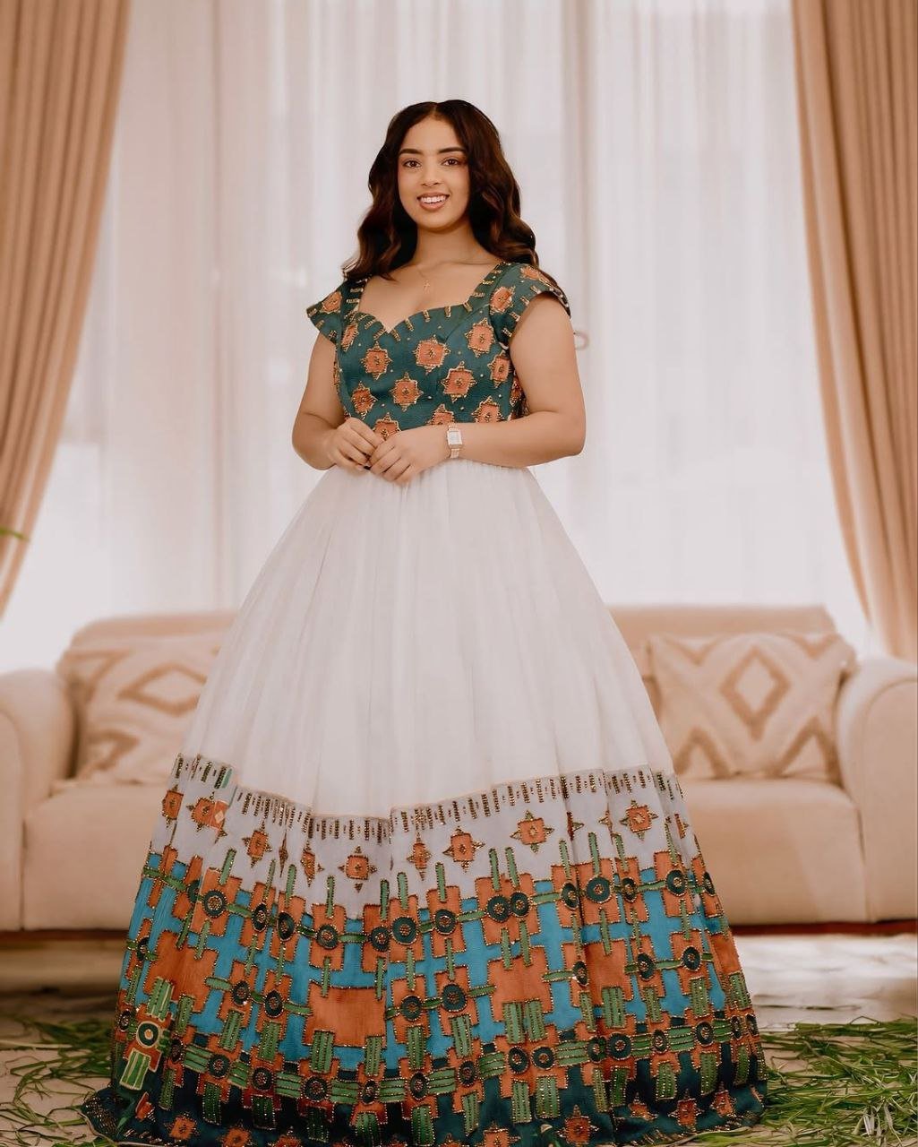 Elegant Habesha Wedding Dress with Green Bodice and Colorful Embroidery Traditional Ethiopian Dress for Your Wedding