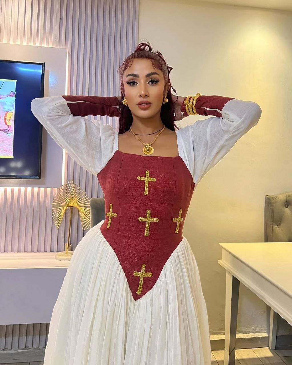 Stunning Yet Simple Habesha Kemis with Elegant Red Accents Ethiopian Clothing for Everyday Wear