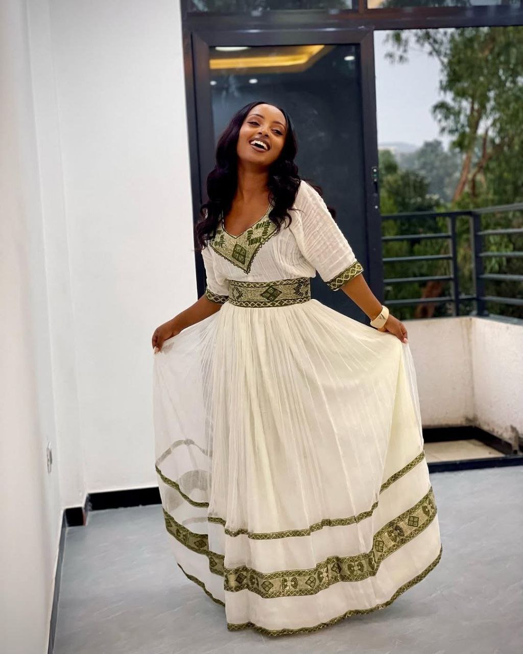 Stunning Habesha Kemis with Green Embroidery– Traditional Ethiopian Attire – Habesha Dress – Ethiopian Traditional Clothing